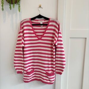 Jones New York Sport Vintage Pink & White Striped Tunic V-neck Women's Sweater S